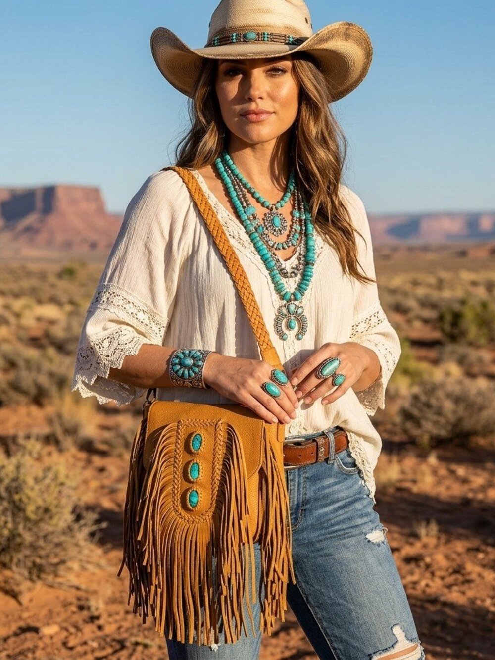 American Darling Desert Fringe Turquoise StoneCrossbody